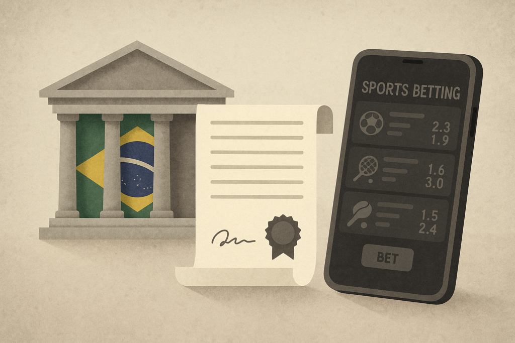 Illustration of Brazilian government building beside a dimmed betting app, representing gambling policy changes