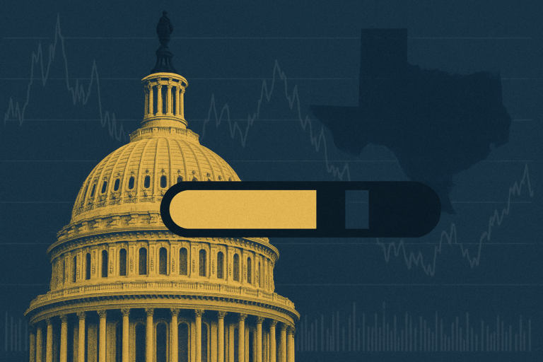 Illustration of the US Capitol with a paused progress bar and event-contract price charts, representing the stalled CLARITY Act
