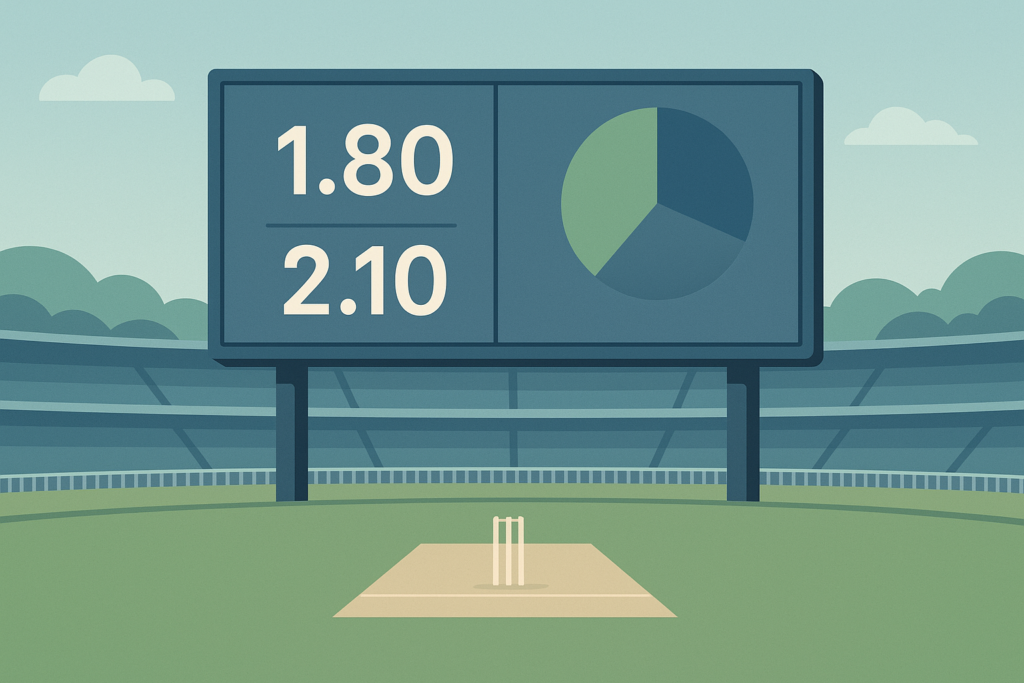 Cricket scoreboard showing decimal odds alongside an implied probability chart