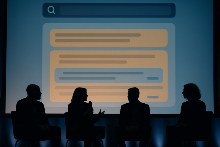 Panel discussion on stage at an affiliate industry summit with a search results screen behind the speakers