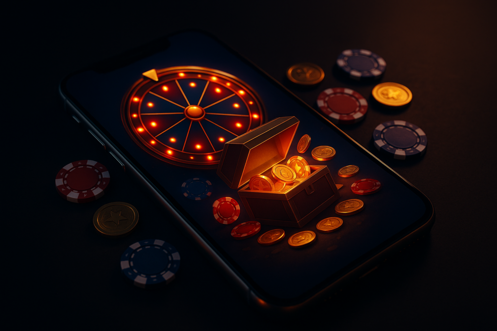 Smartphone showing a spin-to-win prize wheel and mystery box with coins spilling out, illustrating gambling-like mechanics in games
