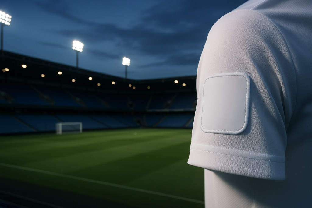 Blank sponsor patch on a football shirt sleeve in front of an empty stadium, illustrating the gambling sponsorship debate