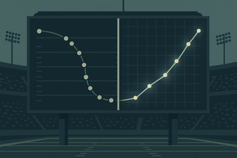 Illustration showing live sports data feeding into a real-time prediction market probability chart