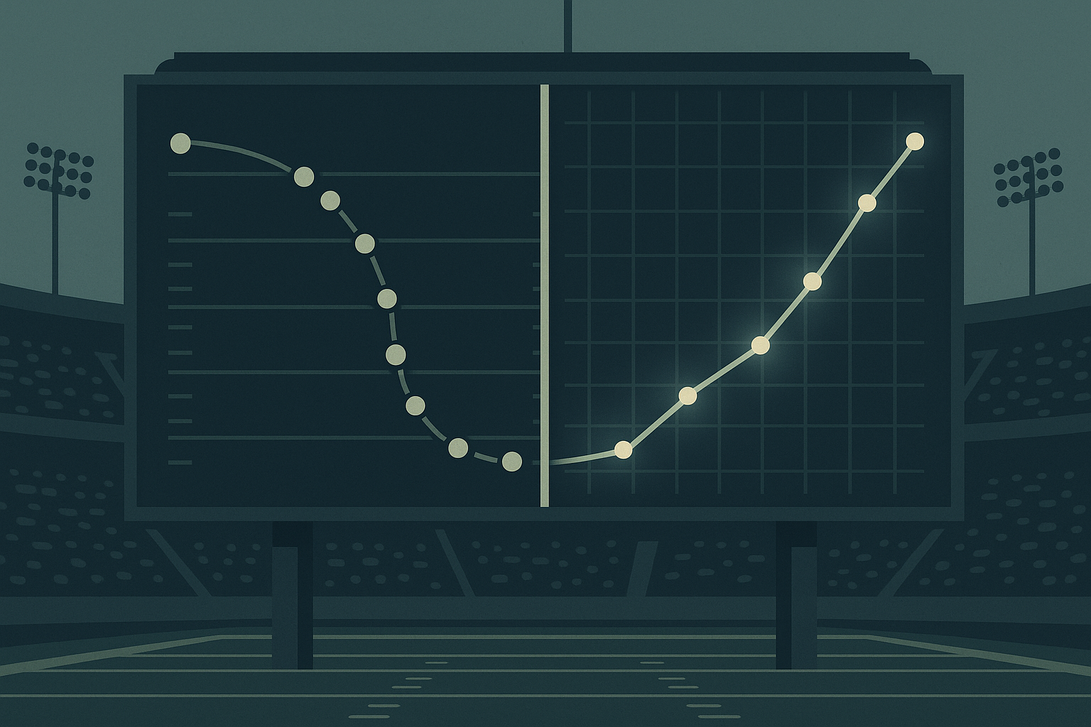 Illustration showing live sports data feeding into a real-time prediction market probability chart