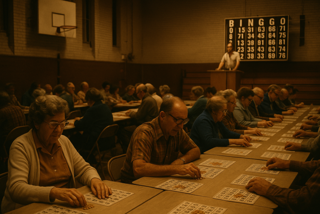 A 1970s school gymnasium set up as a bingo hall with folding tables, paper cards and corn kernels used as markers