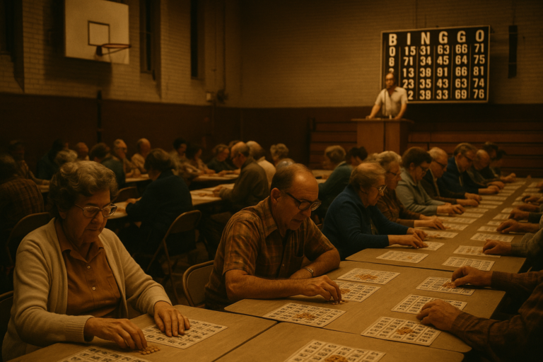 A 1970s school gymnasium set up as a bingo hall with folding tables, paper cards and corn kernels used as markers