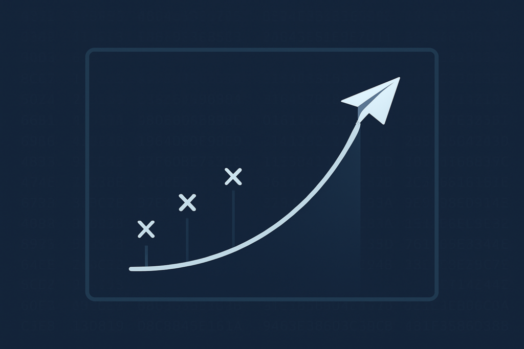 Illustration of a rising crash-game multiplier curve with a small plane and cryptographic hash symbols in the background