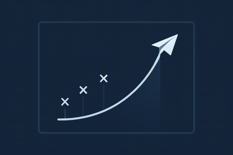 Illustration of a rising crash-game multiplier curve with a small plane and cryptographic hash symbols in the background