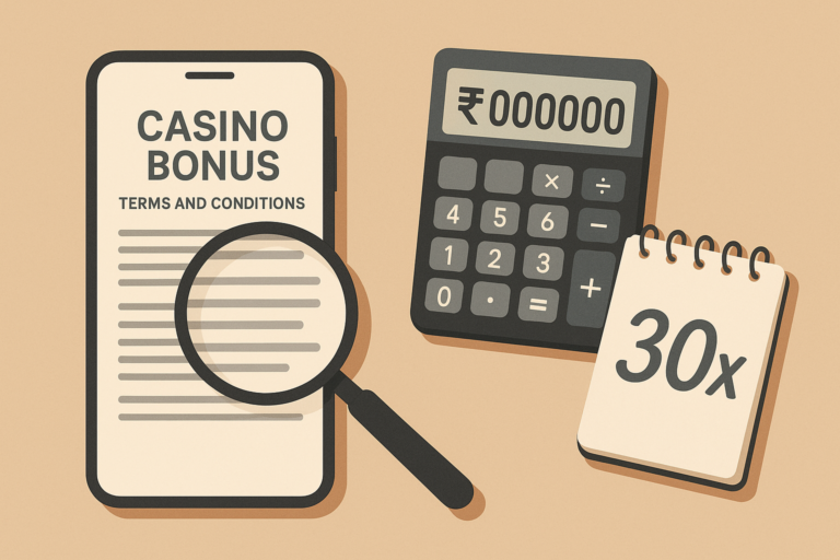 Magnifying glass over casino bonus terms and conditions on a phone next to a calculator showing a rupee total