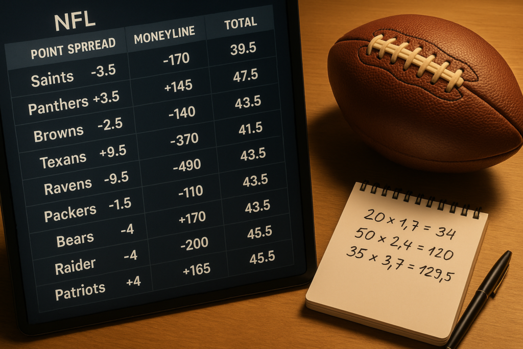 Sportsbook screen showing NFL point spread, moneyline and over/under odds next to a notepad of payout calculations