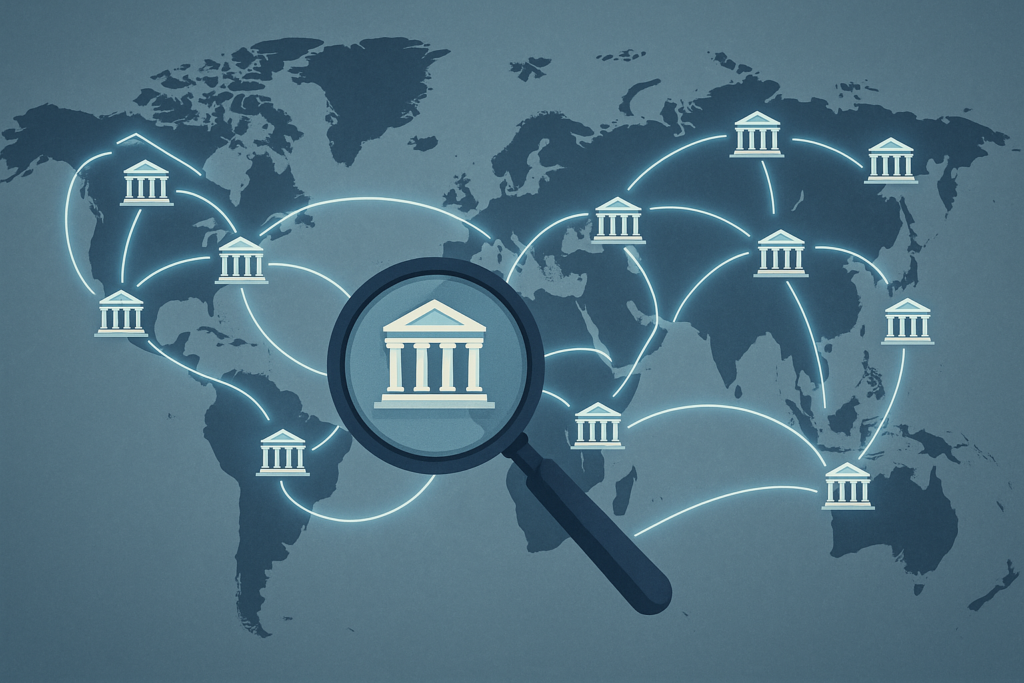 Illustration of connected regulatory bodies across a world map representing cross-border illegal gambling enforcement