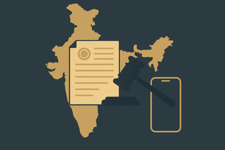 Illustrated map of India with legal documents and a smartphone representing online gambling regulation