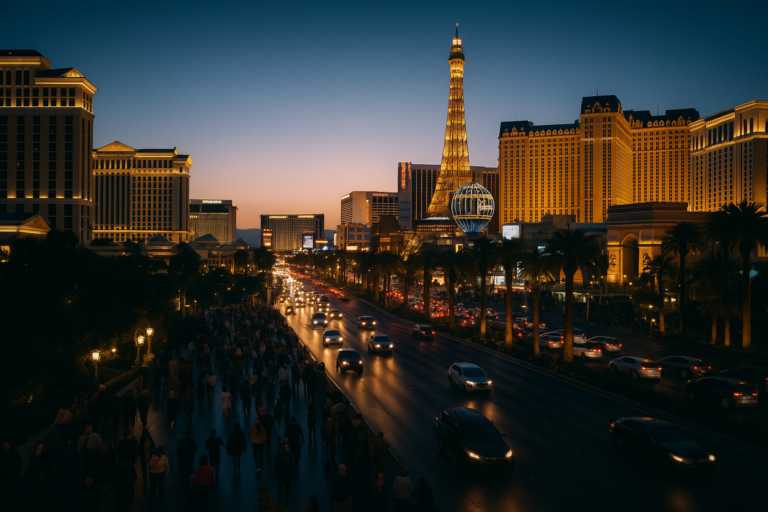 The Las Vegas Strip at dusk, illustrating soft Las Vegas hotel room rates and cooling casino tourism demand