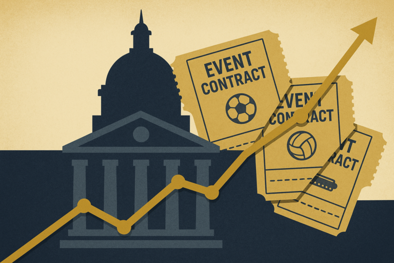 Illustration of a courthouse with a market chart, representing Missouri's legal action against prediction markets