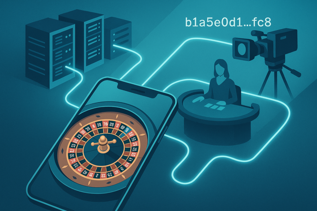 Illustration showing a phone running a casino game linked to servers, encryption and a live dealer studio