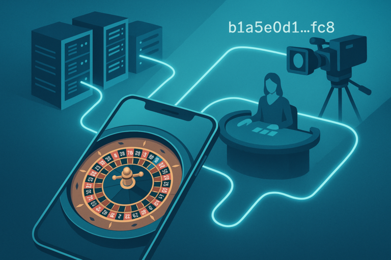 Illustration showing a phone running a casino game linked to servers, encryption and a live dealer studio
