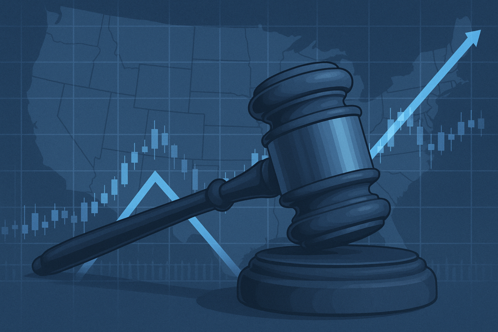 Gavel over a trading chart representing prediction market regulation disputes