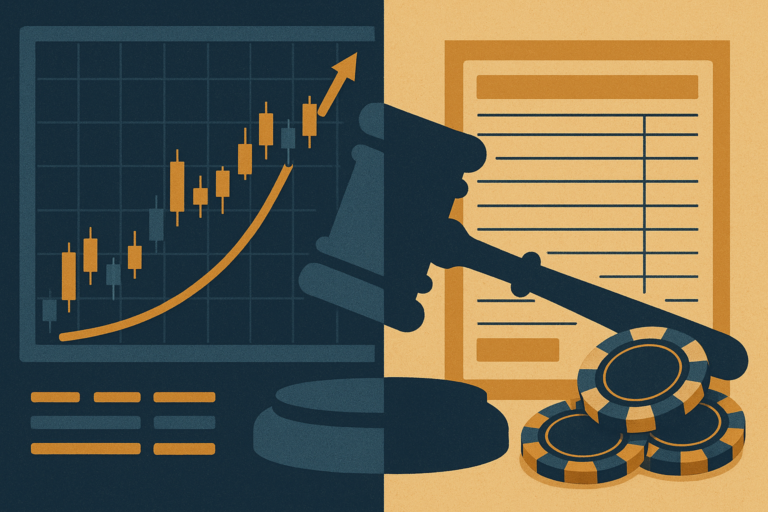 Split image of a trading screen and a betting slip divided by a gavel, illustrating the prediction market regulation debate