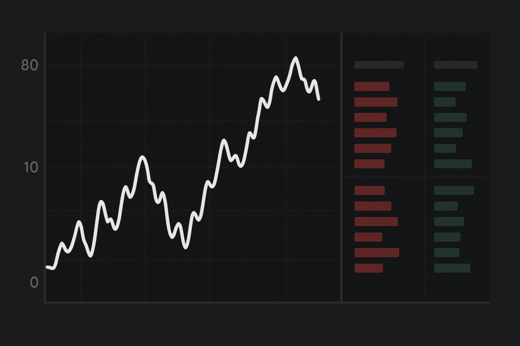Abstract trading screen showing a probability price line between 0 and 100 next to a two-sided order book
