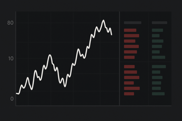 Abstract trading screen showing a probability price line between 0 and 100 next to a two-sided order book