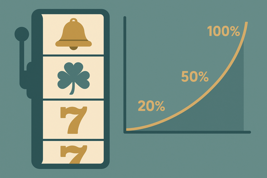 Slot machine reels next to a probability chart representing RTP and volatility