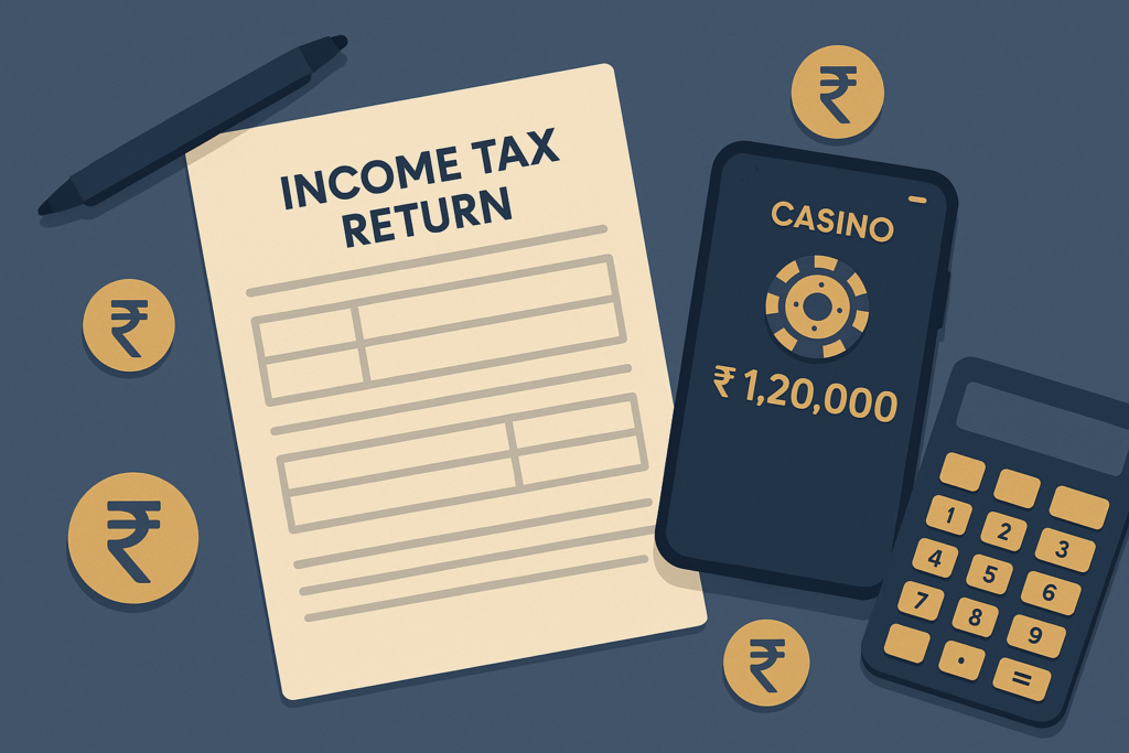 Illustration of an Indian tax return form, calculator and smartphone showing casino winnings