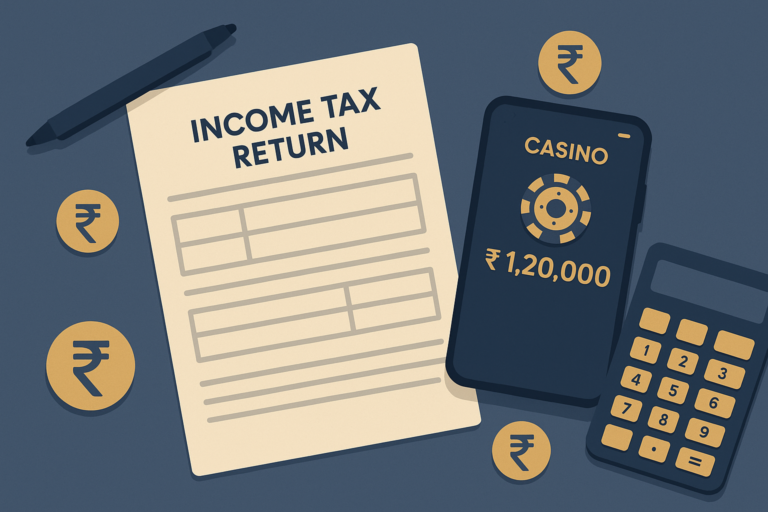 Illustration of an Indian tax return form, calculator and smartphone showing casino winnings