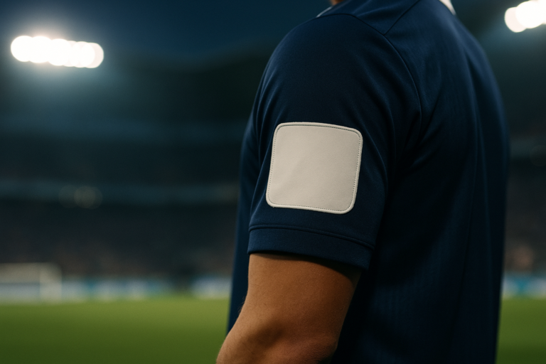 Blank sponsor patch on a football shirt sleeve with a stadium in the background