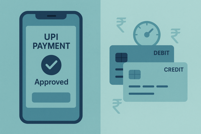 Illustration comparing UPI payment on a smartphone with debit and credit cards for Indian casino transactions