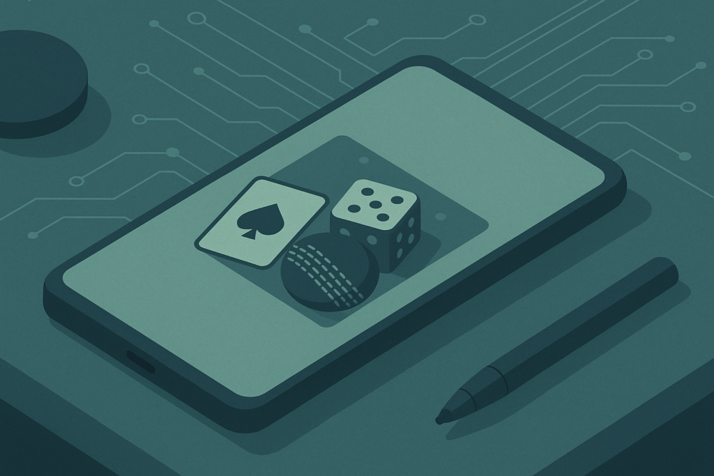 Smartphone showing card, dice and sports icons representing iGaming