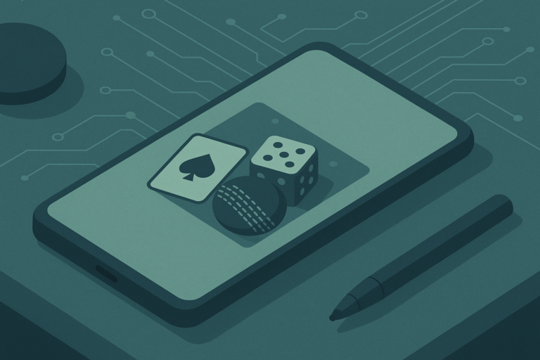 Smartphone showing card, dice and sports icons representing iGaming