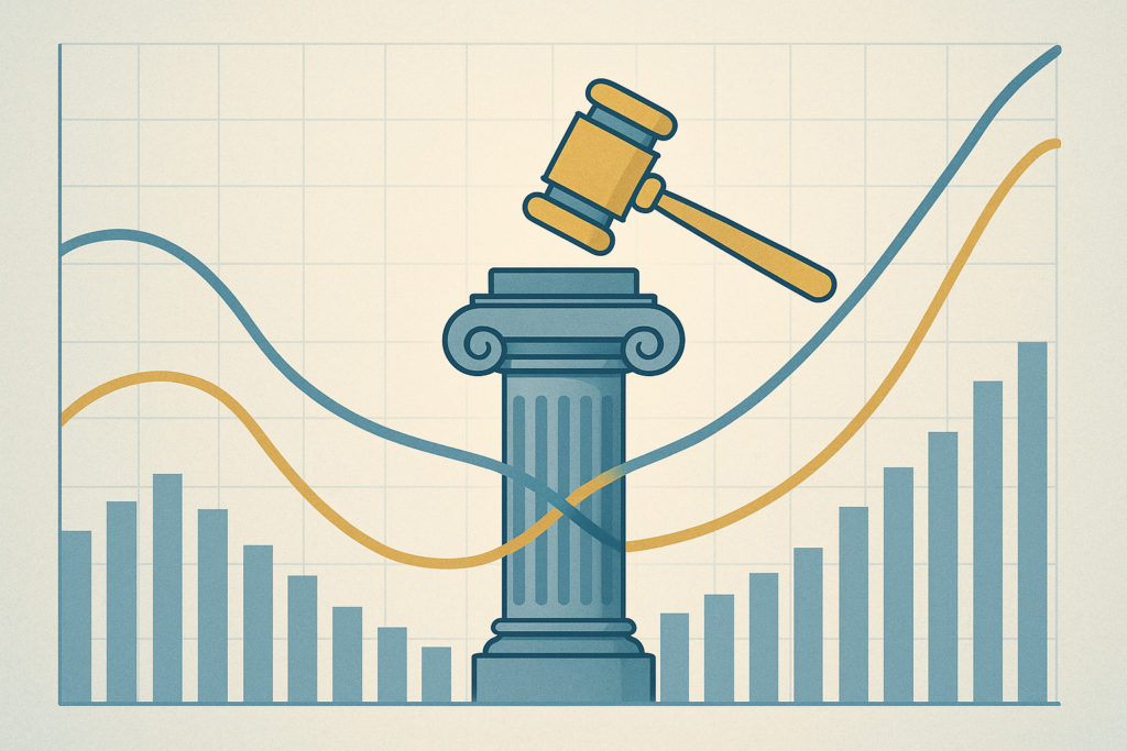 Illustration of a prediction market probability chart beside a courthouse pillar and gavel