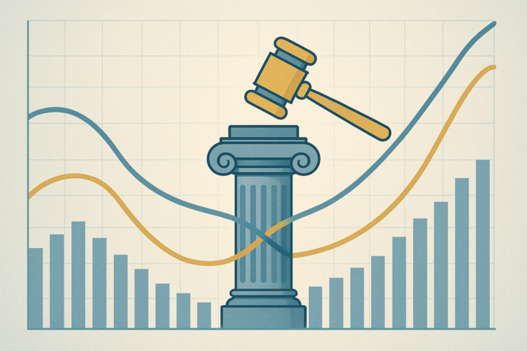 Illustration of a prediction market probability chart beside a courthouse pillar and gavel